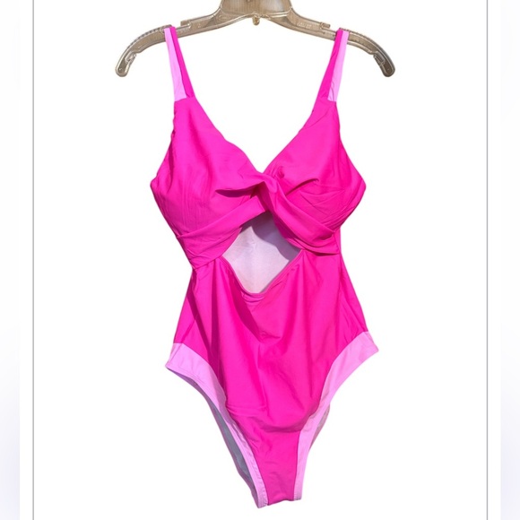 Women 1 Piece Swimsuit Cutout High Waisted BathingSuitVNeckColor Block Size XL - Picture 2 of 9